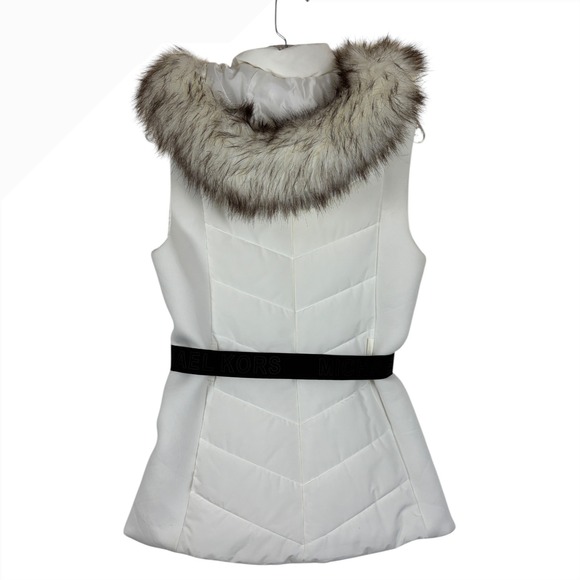 Michael Kors White Puffer Vest Removable Hood Faux Fur Trim Belted Quilted Sz S - Picture 7 of 11